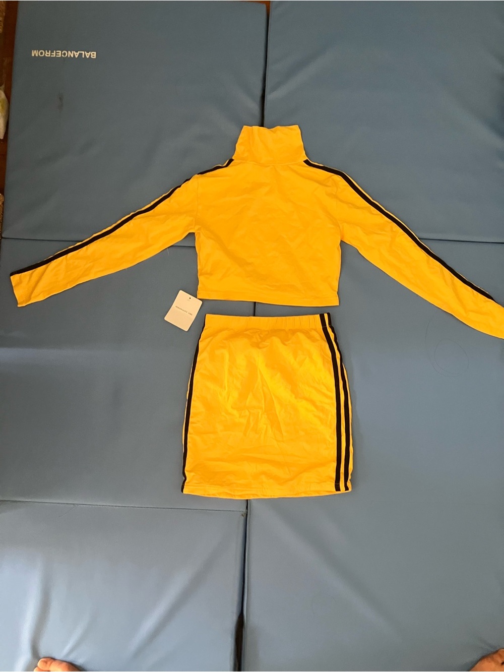 Yellow with Black Stripes Turtleneck Long Sleeve Crop Top with Mini Skirt Set
